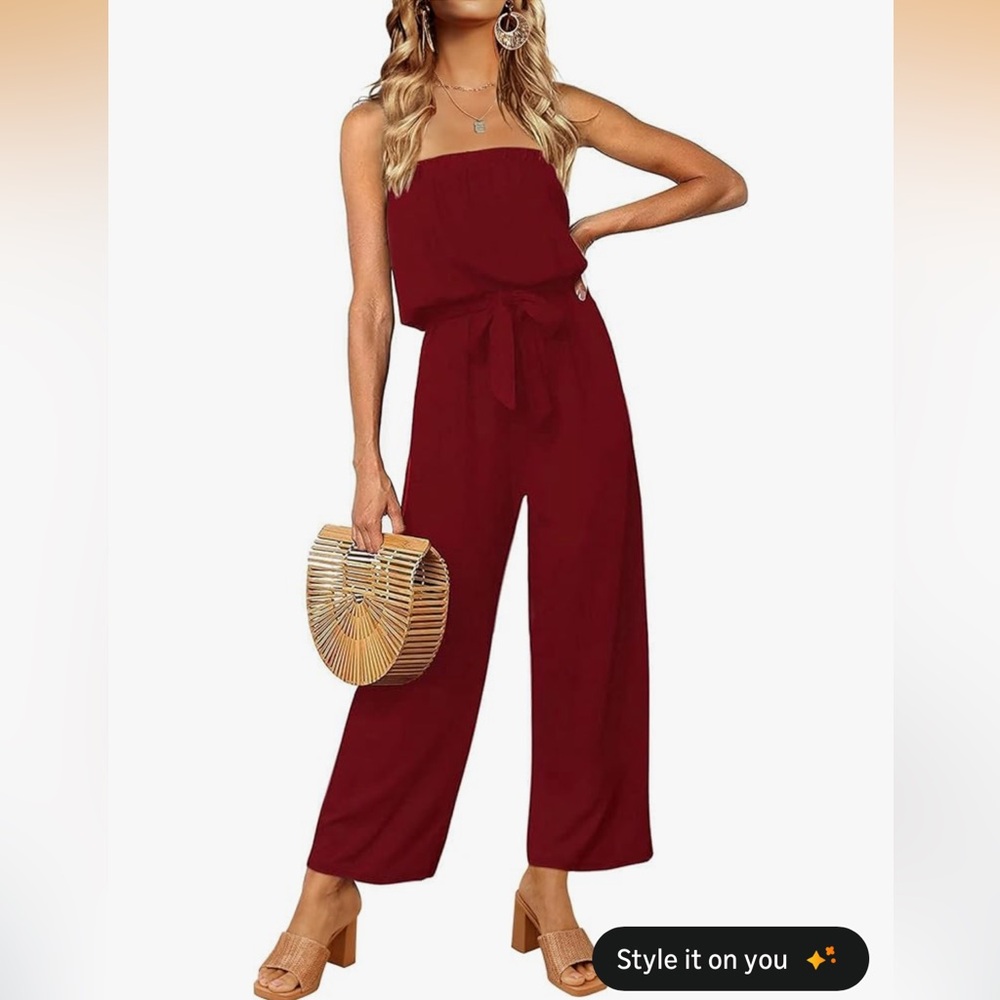 ZESICA Women’s soft & stretchy Off Shoulder Strapless Belted Wide Leg Jumpsuit